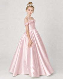 Dideyttawl Satin Girl Formal Dress with 3D Flowers & Off-Shoulder Straps