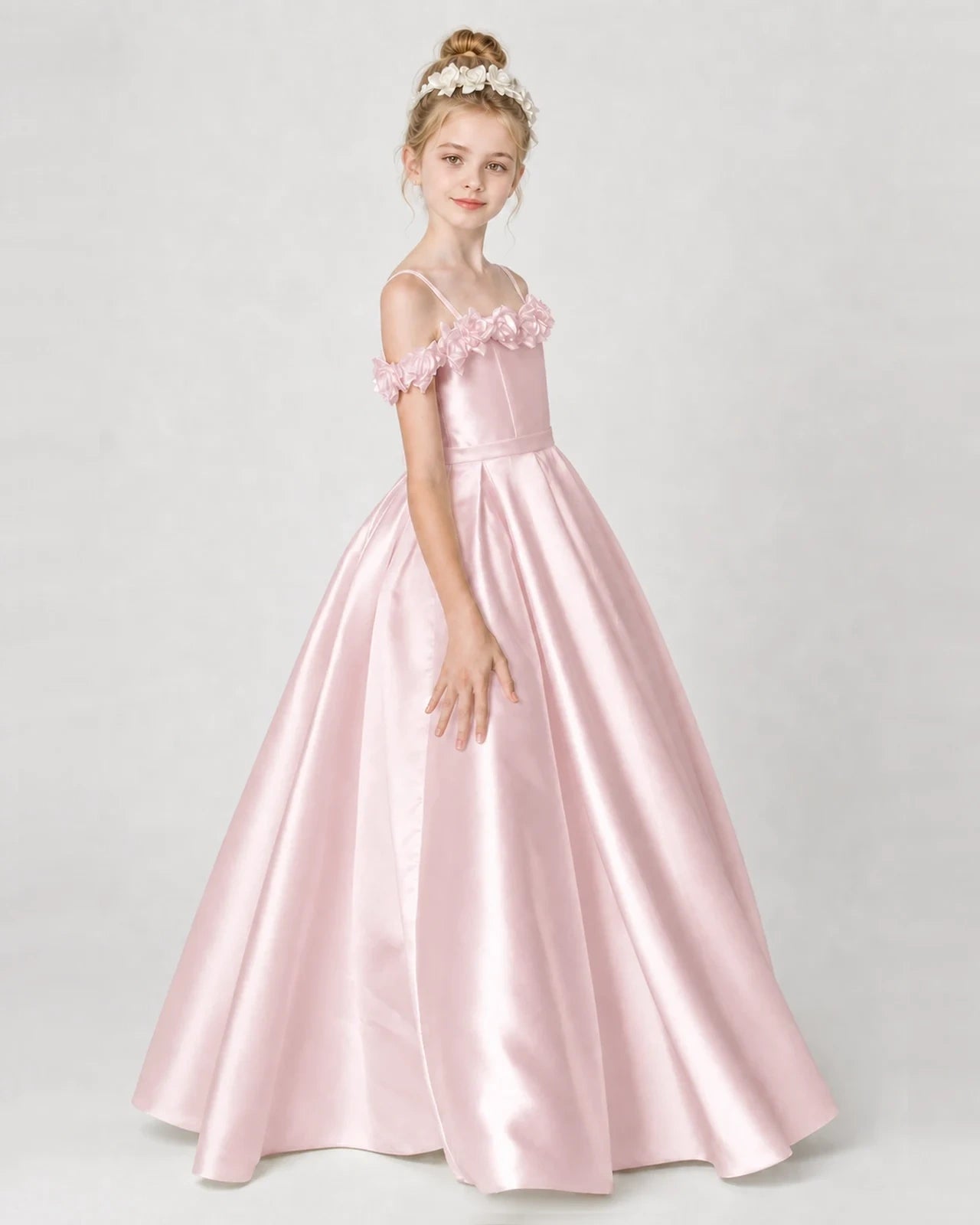 Dideyttawl Satin Girl Formal Dress with 3D Flowers & Off-Shoulder Straps