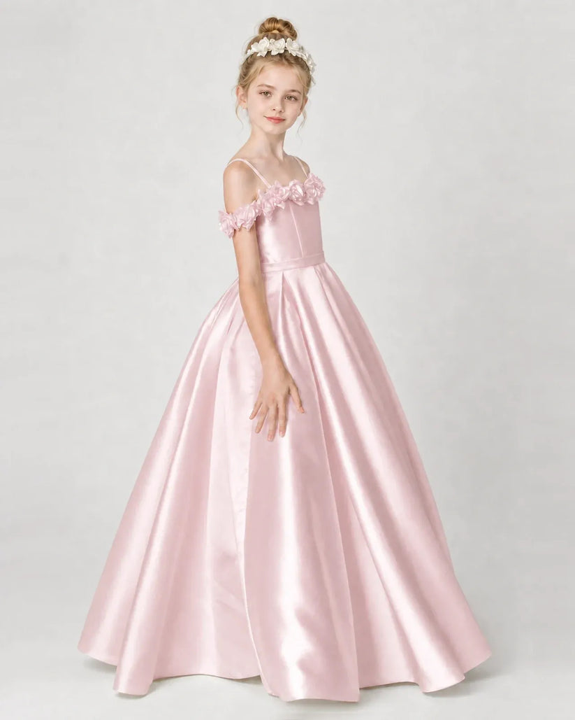 Blush Pink Satin A-line Girls Formal Dress Side View
