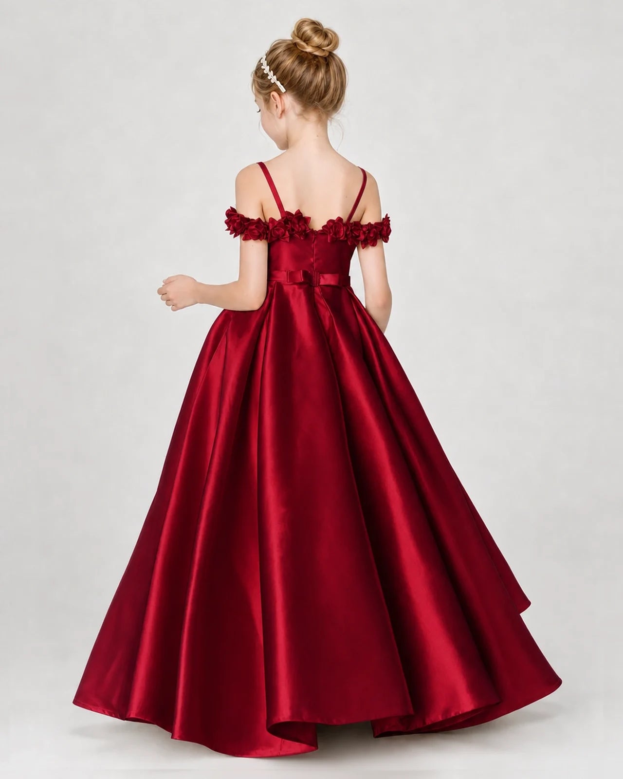 Dideyttawl Satin Girl Formal Dress with 3D Flowers & Off-Shoulder Straps