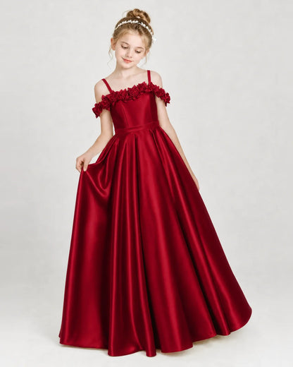 Burgundy Satin A-line Girls Formal Dress Front View