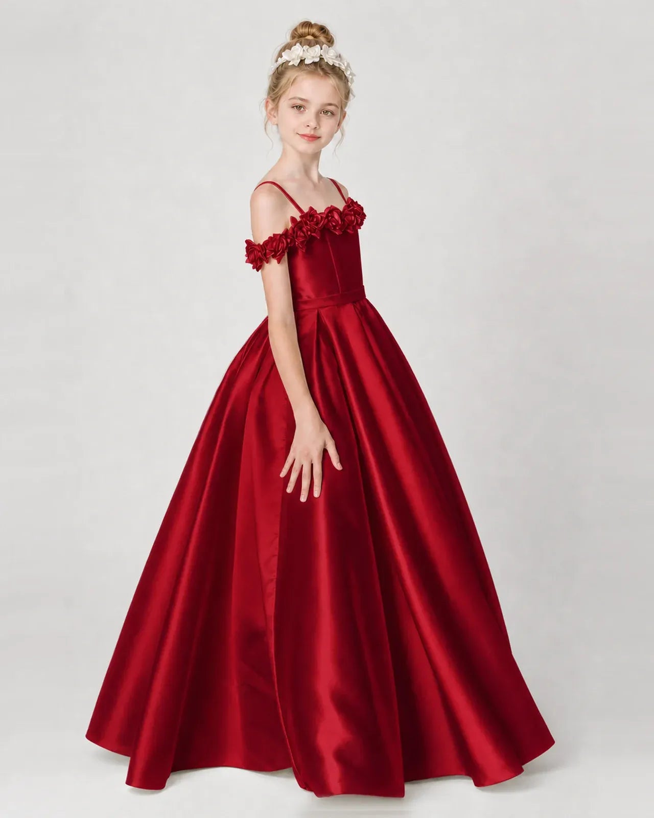 Burgundy Satin A-line Girls Formal Dress Side View