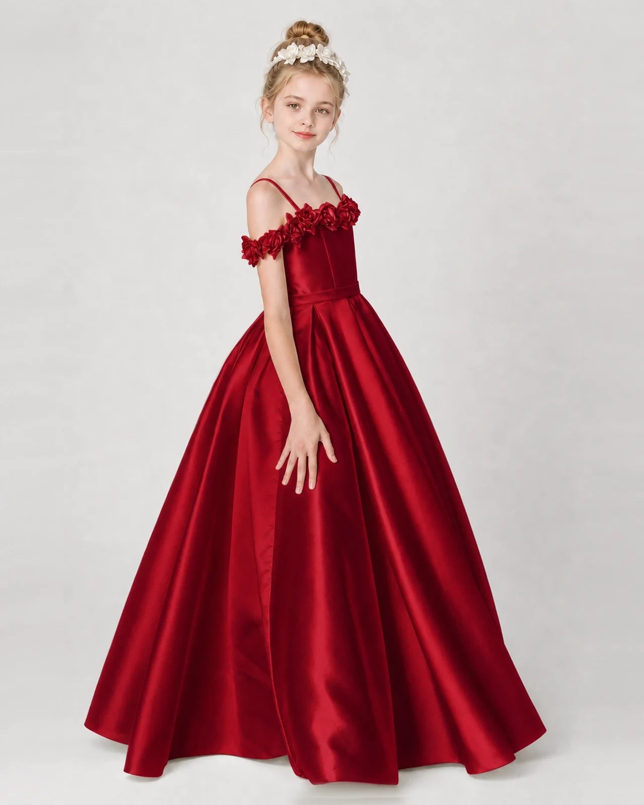 Dideyttawl Satin Girl Formal Dress with 3D Flowers & Off-Shoulder Straps