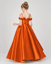 Dideyttawl Satin Girl Formal Dress with 3D Flowers & Off-Shoulder Straps