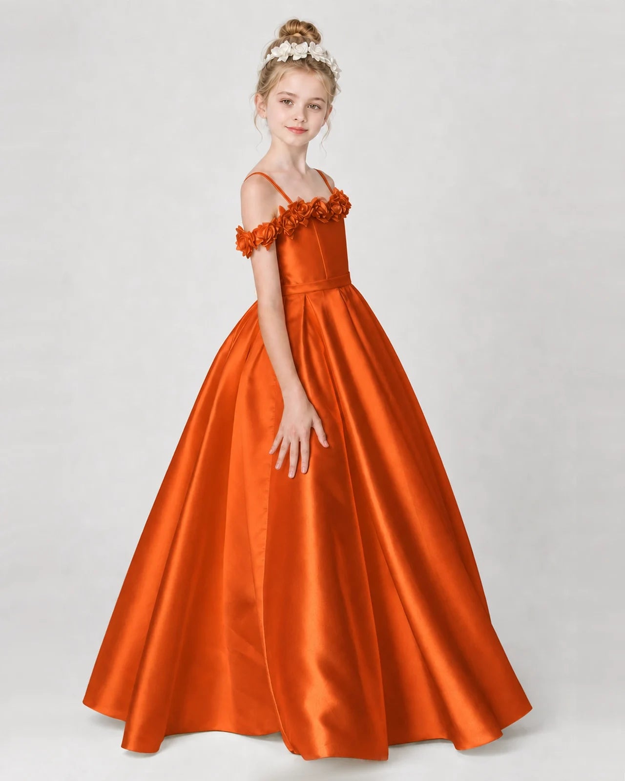 Dideyttawl Satin Girl Formal Dress with 3D Flowers & Off-Shoulder Straps