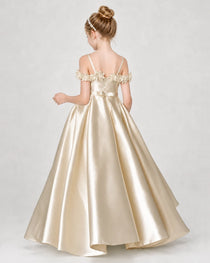 Dideyttawl Satin Girl Formal Dress with 3D Flowers & Off-Shoulder Straps