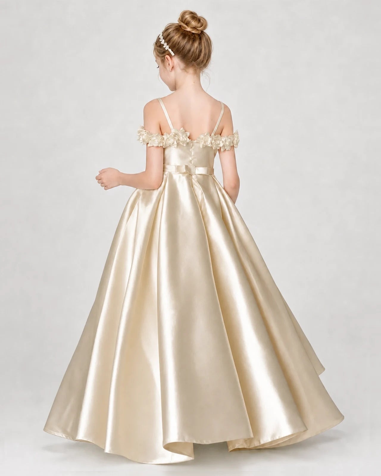 Dideyttawl Satin Girl Formal Dress with 3D Flowers & Off-Shoulder Straps