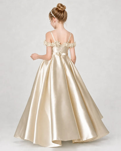 Champagne Satin A-line Girls Formal Dress Back View