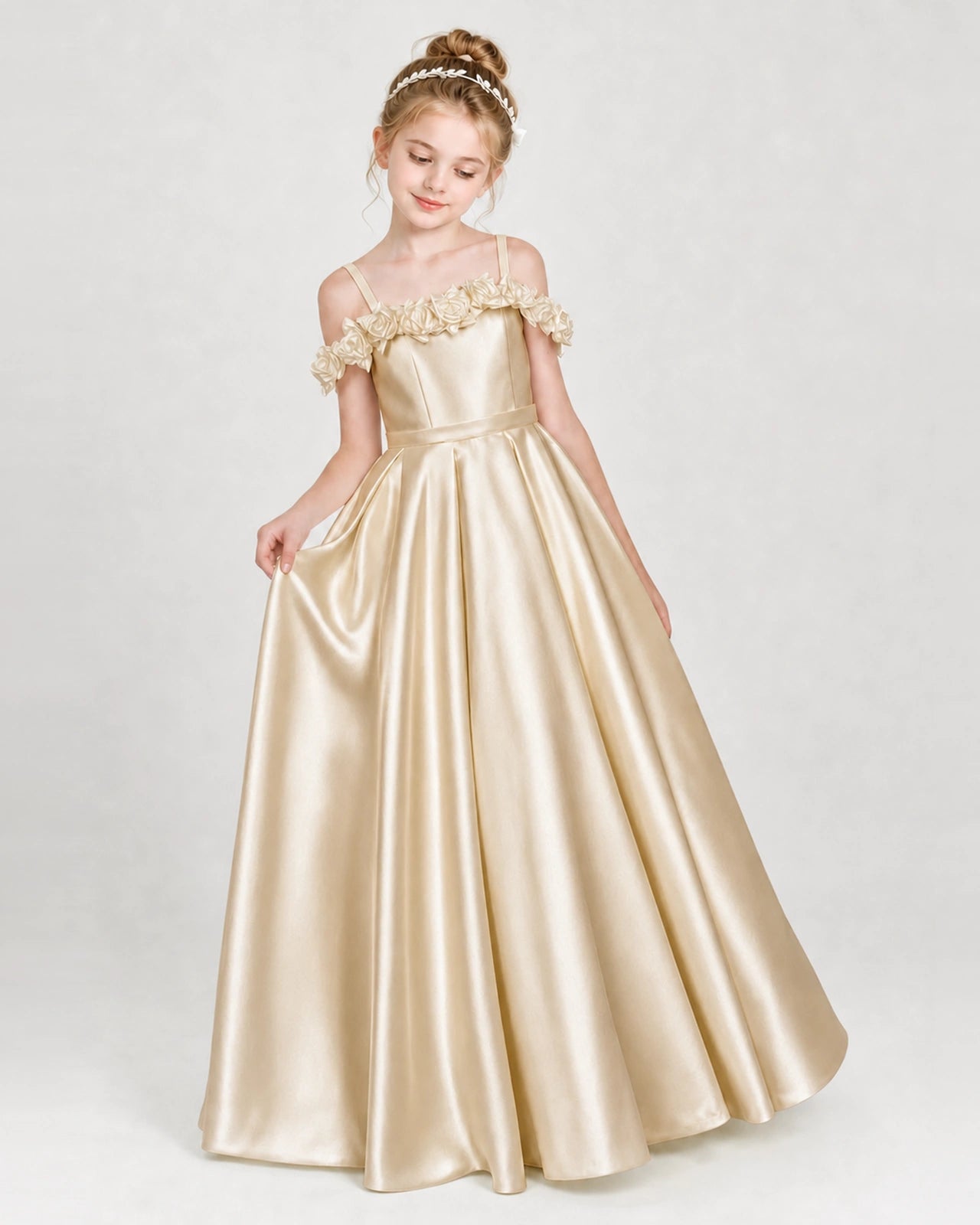 Dideyttawl Satin Girl Formal Dress with 3D Flowers & Off-Shoulder Straps