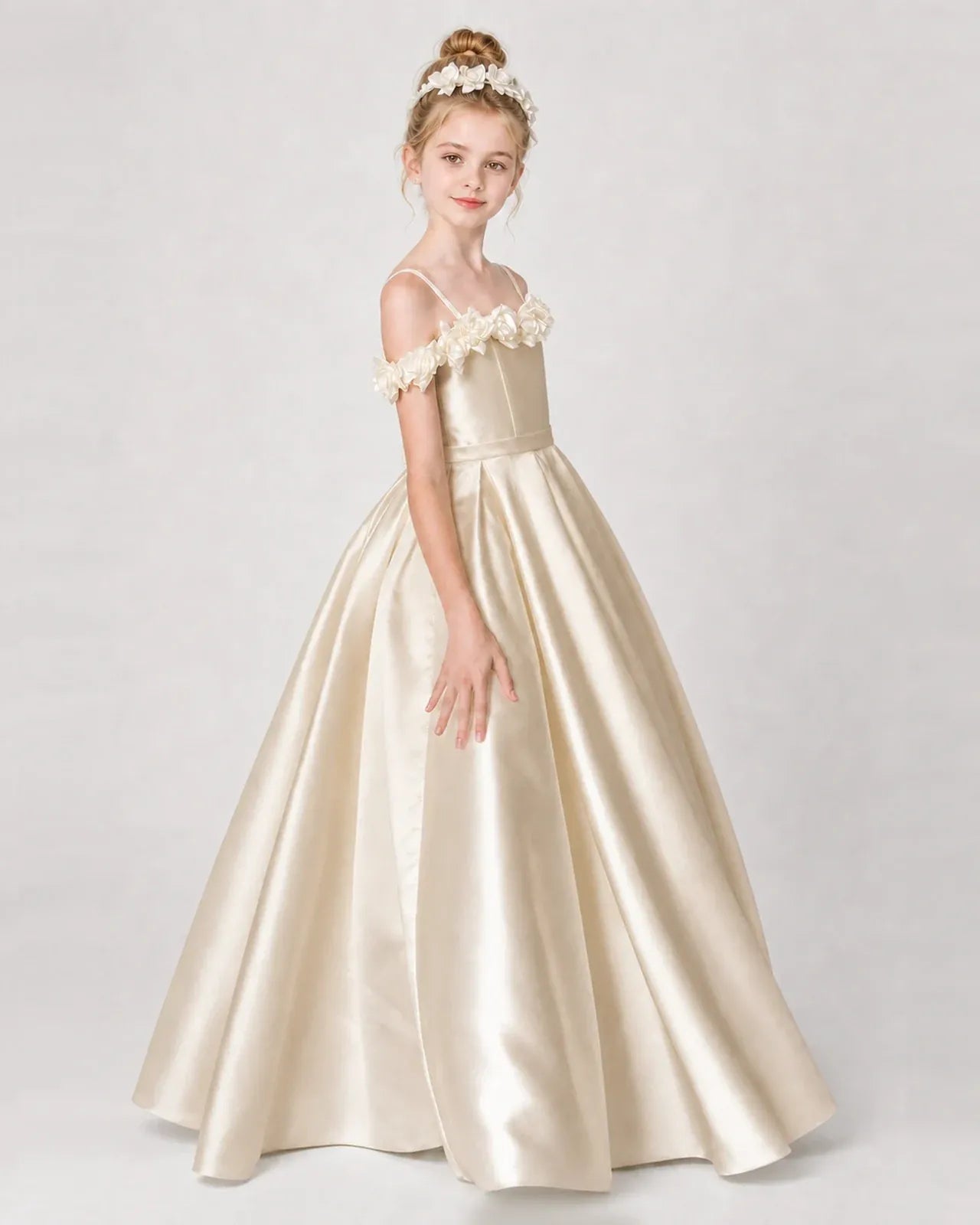 Champagne Satin A-line Girls Formal Dress Side View