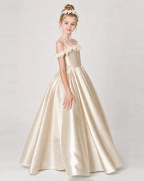 Dideyttawl Satin Girl Formal Dress with 3D Flowers & Off-Shoulder Straps