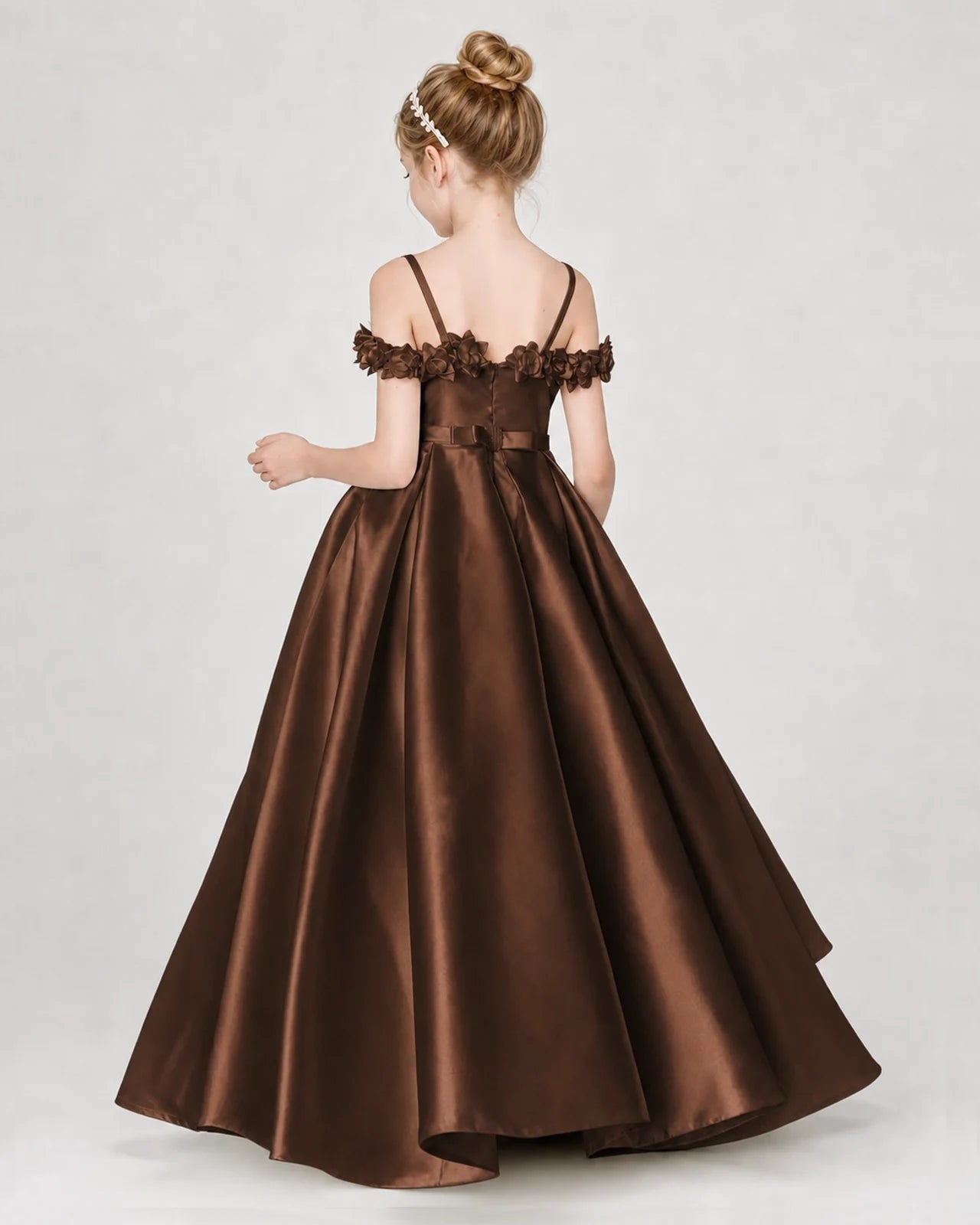 Dideyttawl Satin Girl Formal Dress with 3D Flowers & Off-Shoulder Straps