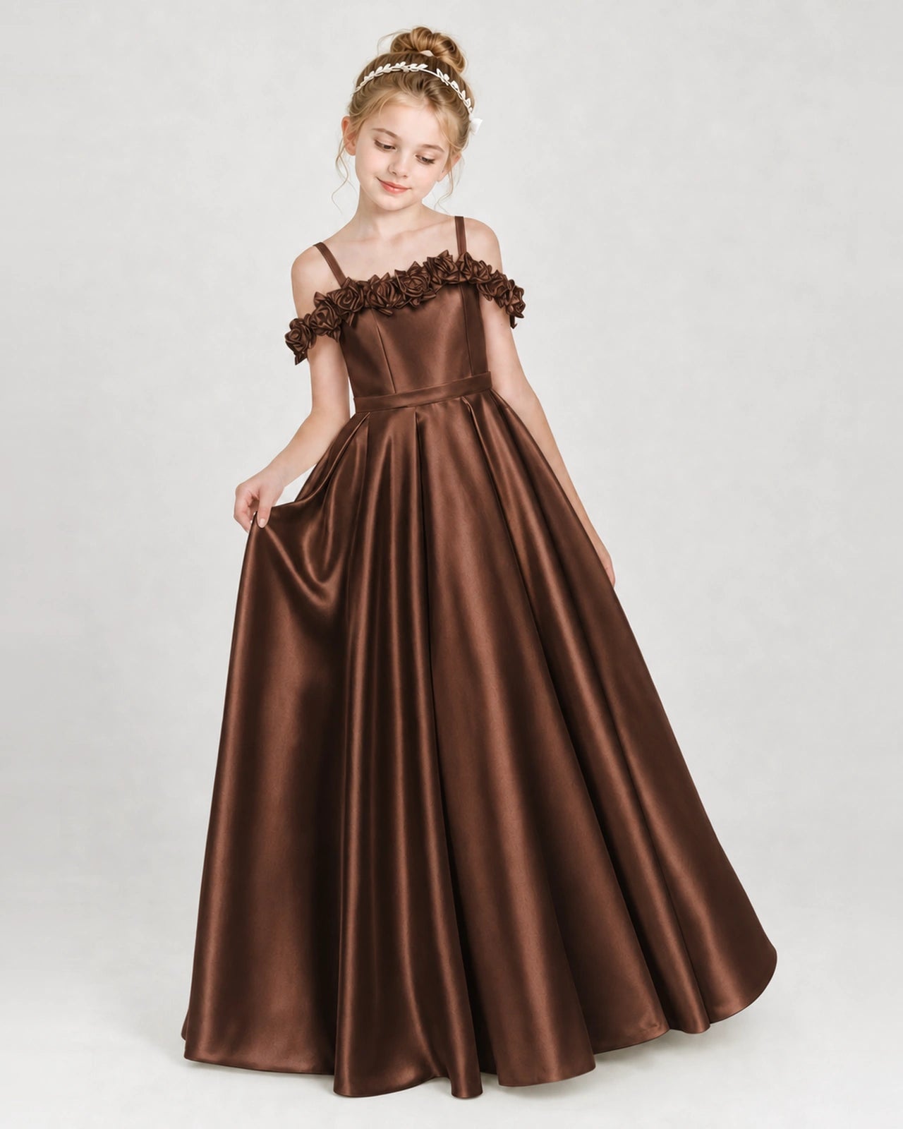 Dideyttawl Satin Girl Formal Dress with 3D Flowers & Off-Shoulder Straps