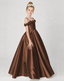 Dideyttawl Satin Girl Formal Dress with 3D Flowers & Off-Shoulder Straps