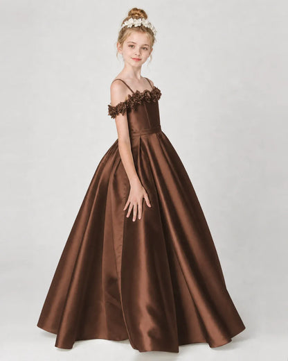 Chocolate Satin A-line Girls Formal Dress Side View