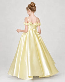 Dideyttawl Satin Girl Formal Dress with 3D Flowers & Off-Shoulder Straps