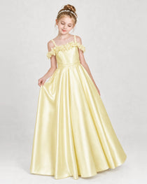 Dideyttawl Satin Girl Formal Dress with 3D Flowers & Off-Shoulder Straps