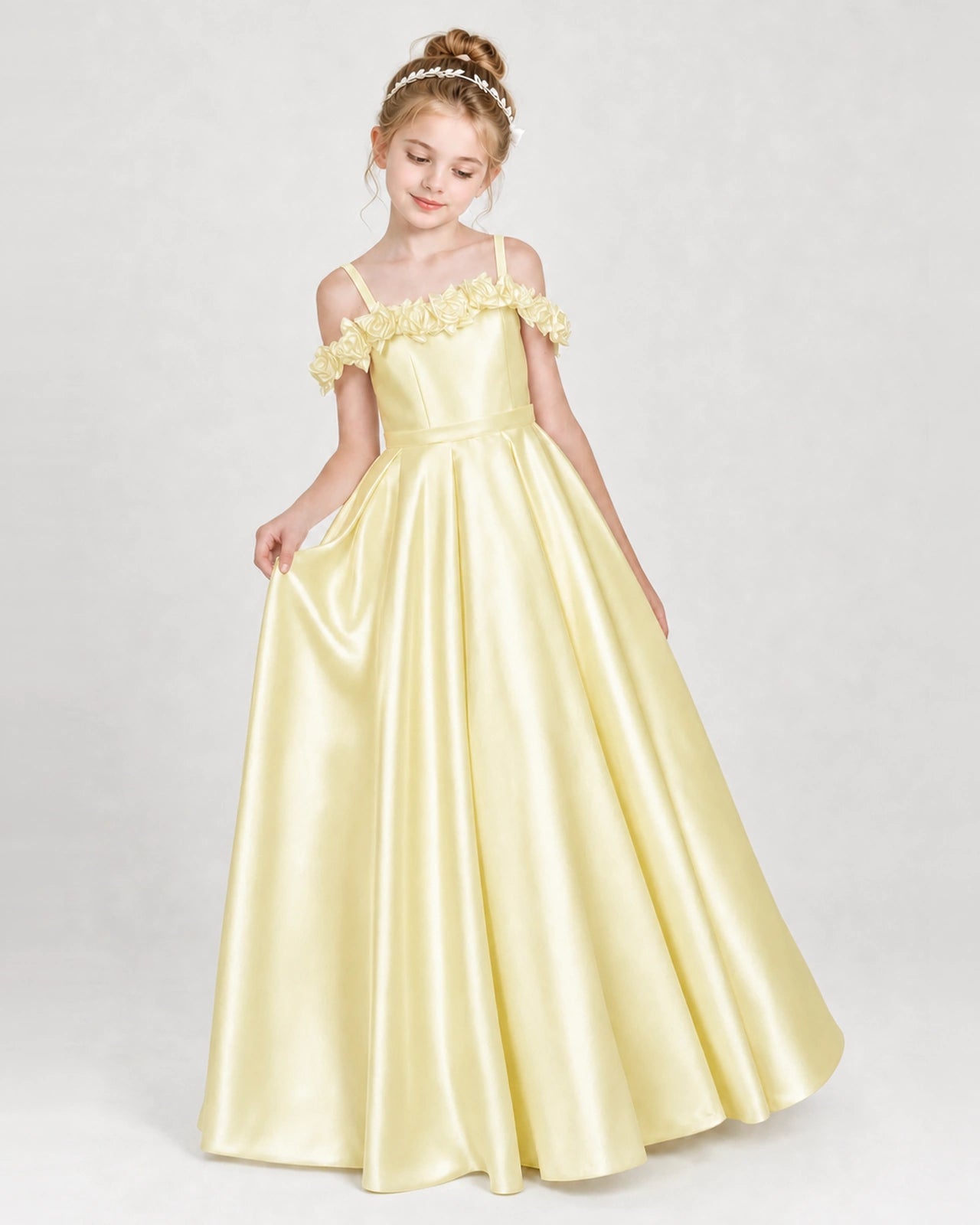 Dideyttawl Satin Girl Formal Dress with 3D Flowers & Off-Shoulder Straps