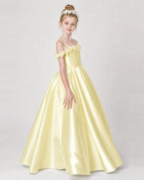 Dideyttawl Satin Girl Formal Dress with 3D Flowers & Off-Shoulder Straps