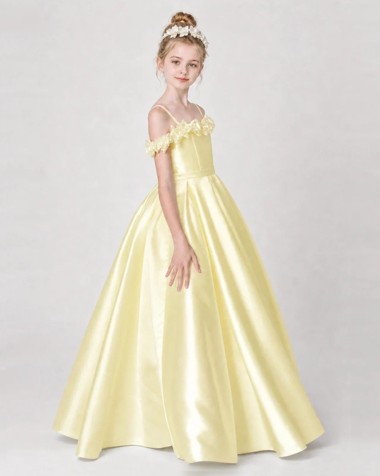 Dideyttawl Satin Girl Formal Dress with 3D Flowers & Off-Shoulder Straps