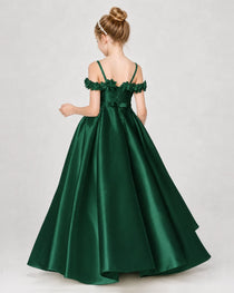Dideyttawl Satin Girl Formal Dress with 3D Flowers & Off-Shoulder Straps