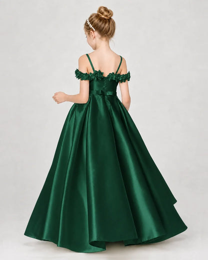 Dark Green Satin A-line Girls Formal Dress Back View