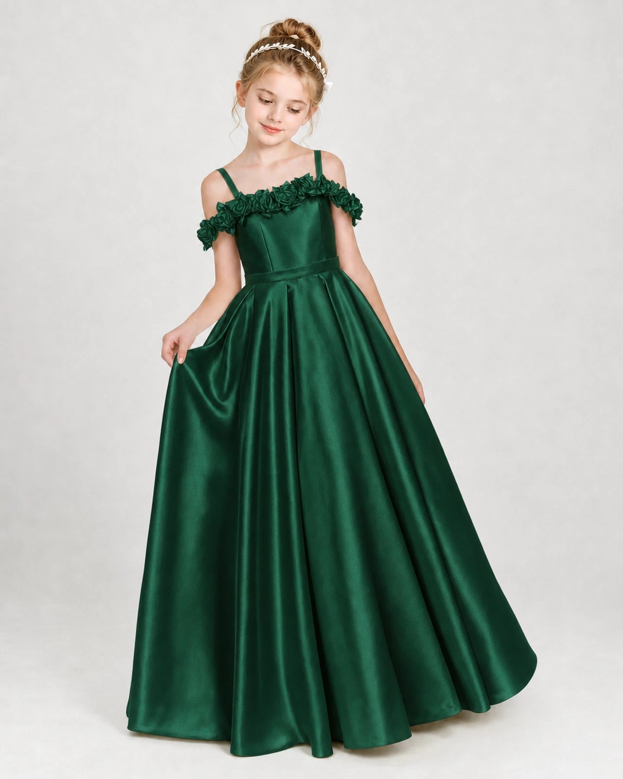 Dideyttawl Satin Girl Formal Dress with 3D Flowers & Off-Shoulder Straps