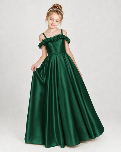 Dark Green Satin A-line Girls Formal Dress Front View