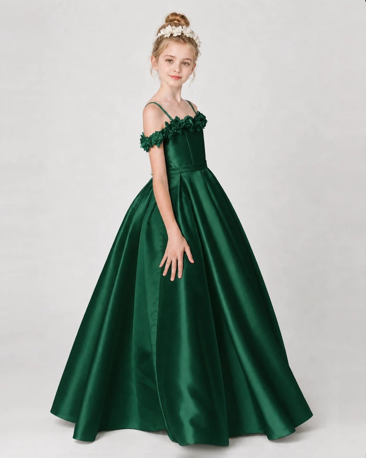 Dideyttawl Satin Girl Formal Dress with 3D Flowers & Off-Shoulder Straps