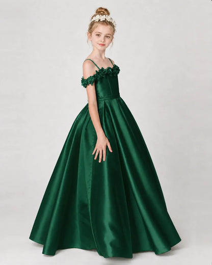 Dark Green Satin A-line Girls Formal Dress Side View