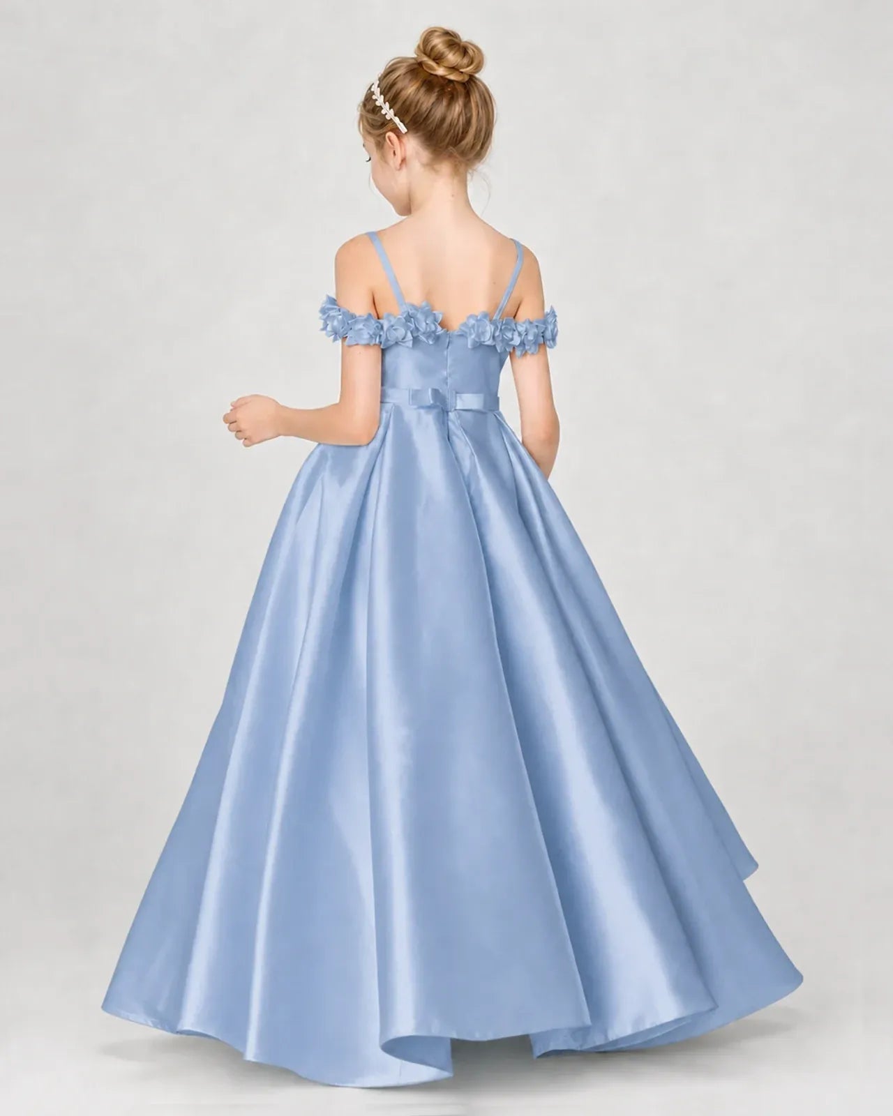 Dusty Blue Satin A-line Girls Formal Dress Back View