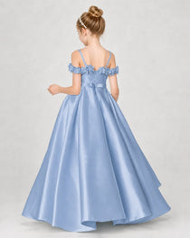Dideyttawl Satin Girl Formal Dress with 3D Flowers & Off-Shoulder Straps