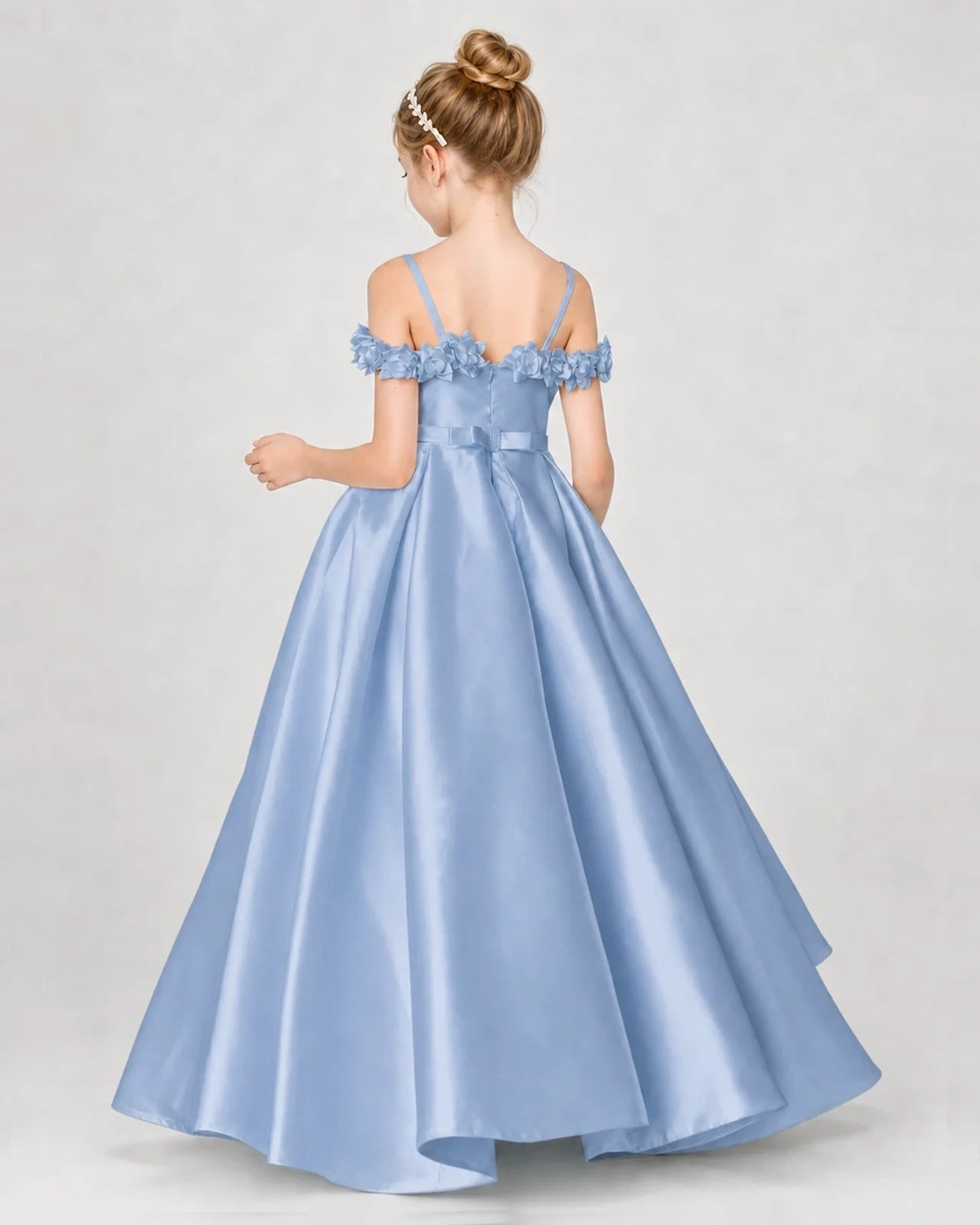 Dideyttawl Satin Girl Formal Dress with 3D Flowers & Off-Shoulder Straps
