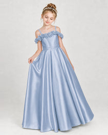Dideyttawl Satin Girl Formal Dress with 3D Flowers & Off-Shoulder Straps