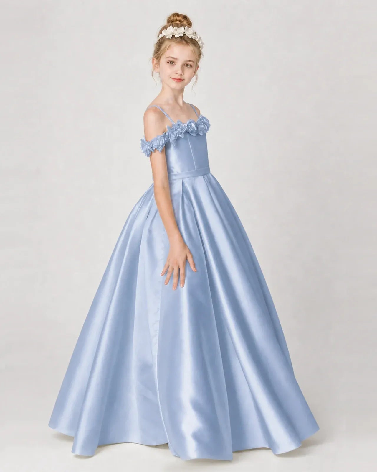 Dusty Blue Satin A-line Girls Formal Dress Side View