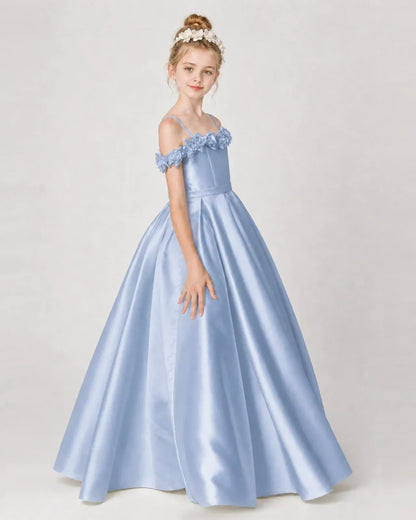 Dusty Blue Satin A-line Girls Formal Dress Side View