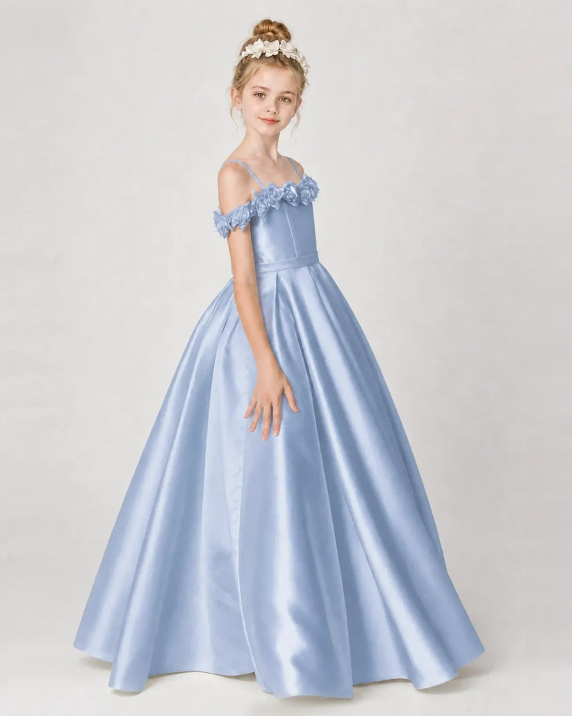 Dusty Blue Satin A-line Girls Formal Dress Side View