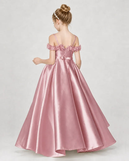 Dusty Rose Satin A-line Girls Formal Dress Back View