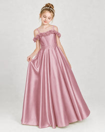Dideyttawl Satin Girl Formal Dress with 3D Flowers & Off-Shoulder Straps