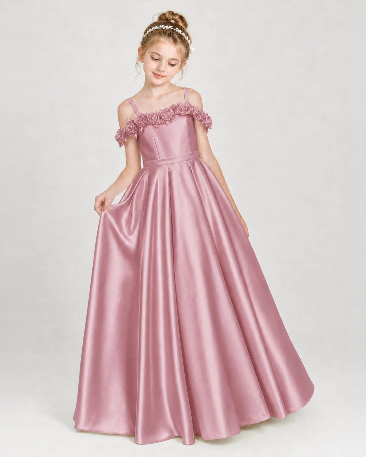 Dideyttawl Satin Girl Formal Dress with 3D Flowers & Off-Shoulder Straps