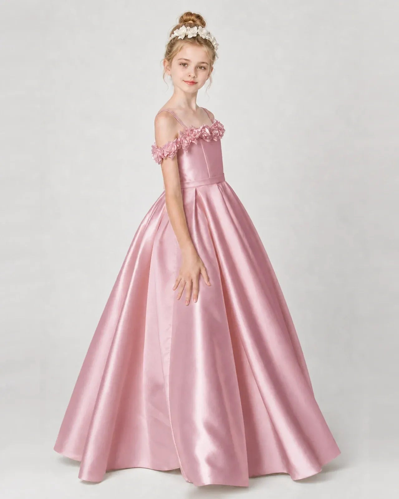 Dusty Rose Satin A-line Girls Formal Dress Side View