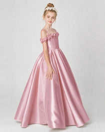 Dideyttawl Satin Girl Formal Dress with 3D Flowers & Off-Shoulder Straps