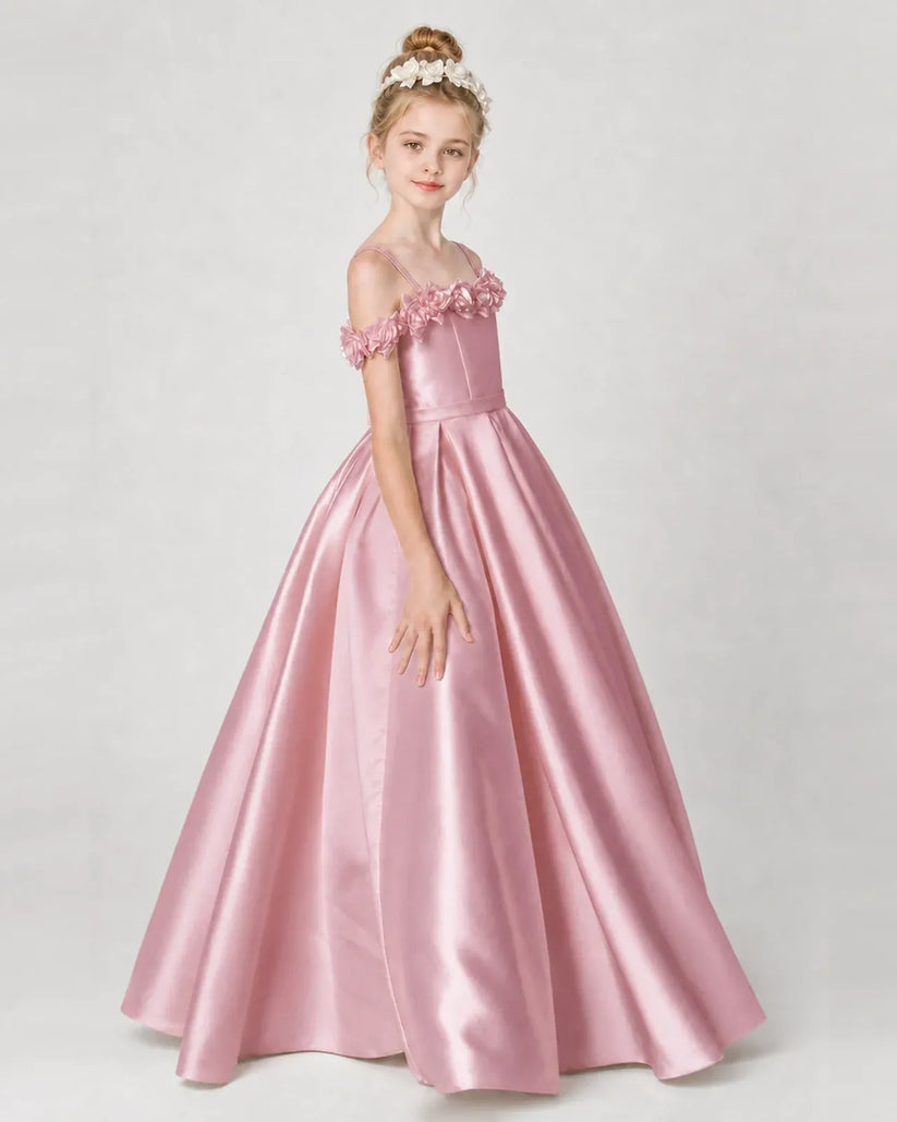 Dusty Rose Satin A-line Girls Formal Dress Side View