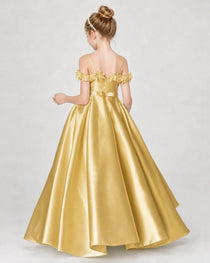 Dideyttawl Satin Girl Formal Dress with 3D Flowers & Off-Shoulder Straps