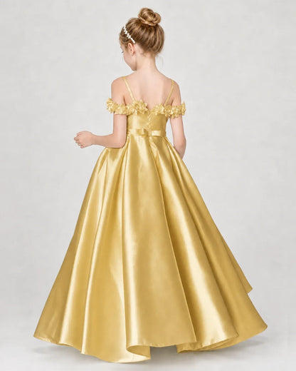 Gold Satin A-line Girls Formal Dress Back View
