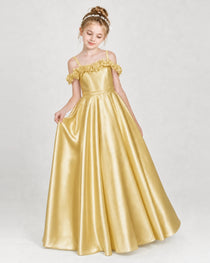 Dideyttawl Satin Girl Formal Dress with 3D Flowers & Off-Shoulder Straps