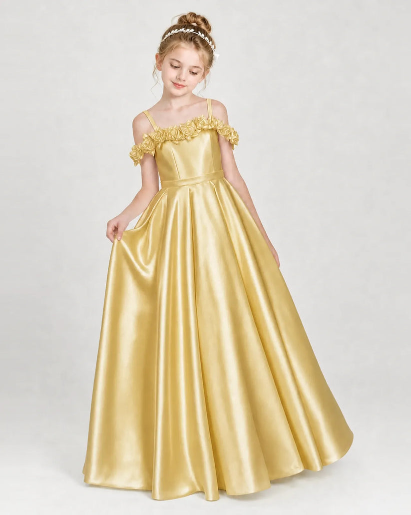 Gold Satin A-line Girls Formal Dress Front View