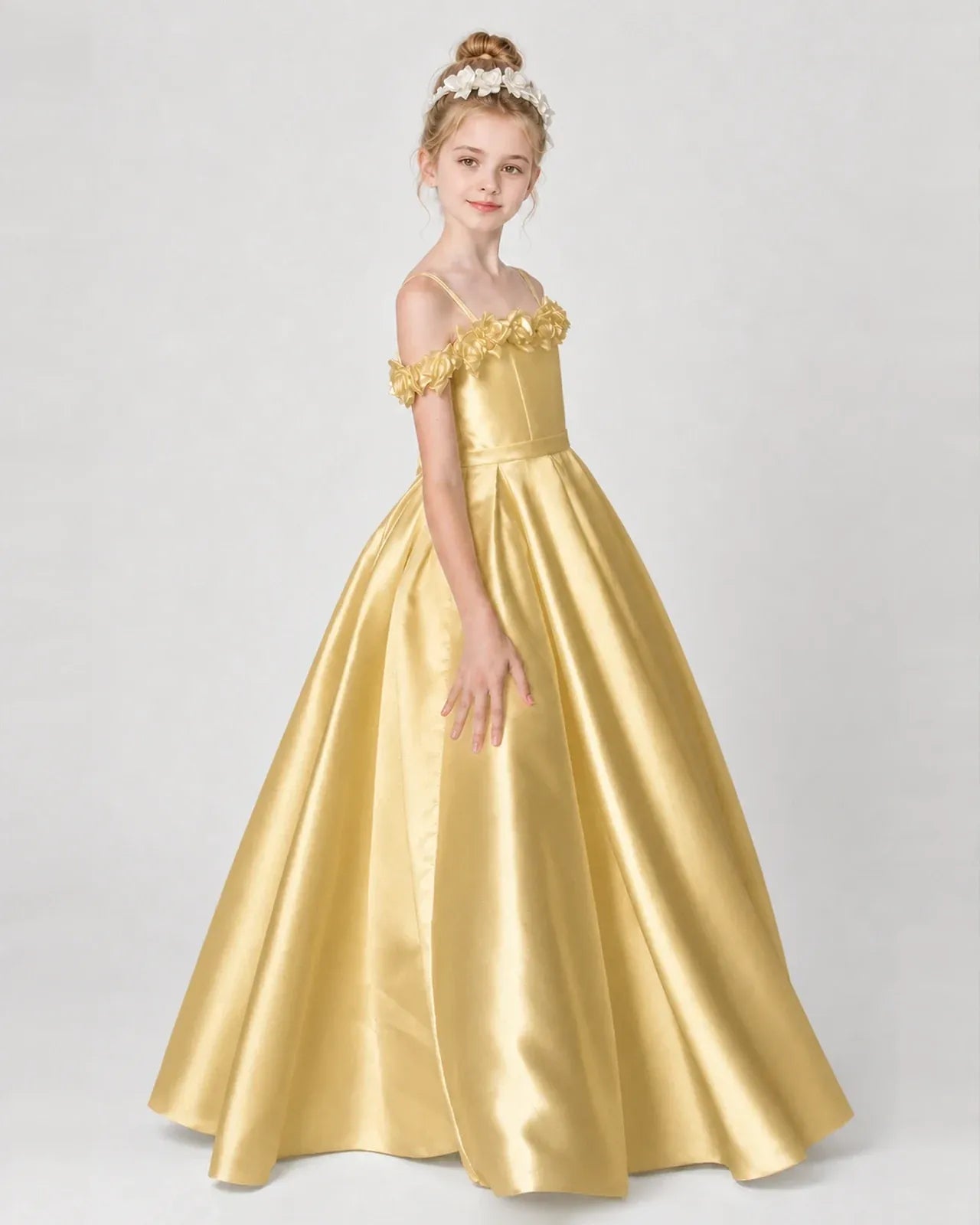 Gold Satin A-line Girls Formal Dress Side View