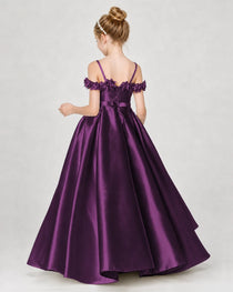 Dideyttawl Satin Girl Formal Dress with 3D Flowers & Off-Shoulder Straps