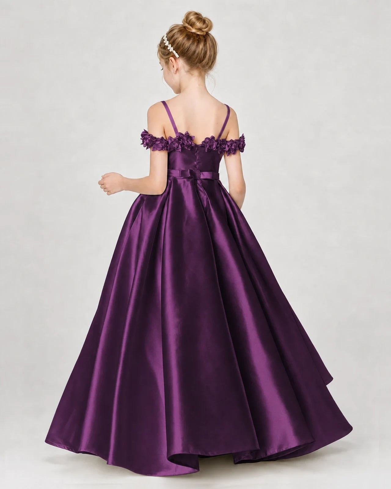 Dideyttawl Satin Girl Formal Dress with 3D Flowers & Off-Shoulder Straps
